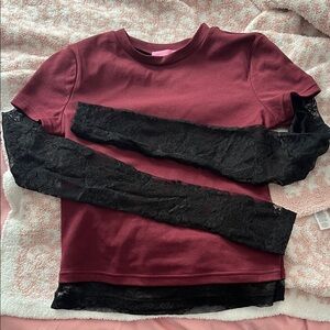 Burgundy Top with Black Lace Sleeves